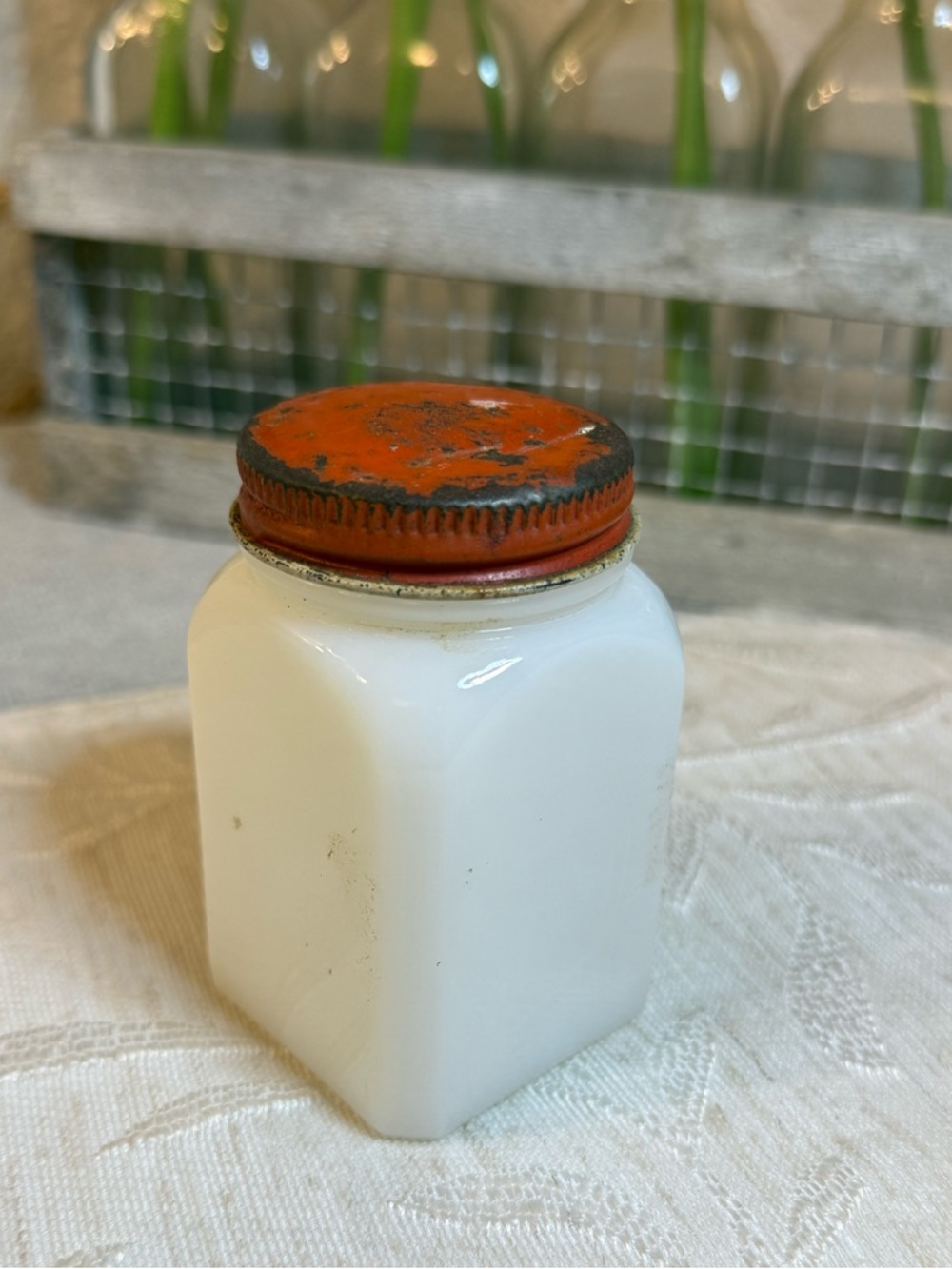 Vintage Carr-Lowrey Milk Glass Jar 8 & 3 Stamp w/ Red Tin Lid - Made in USA 50’s